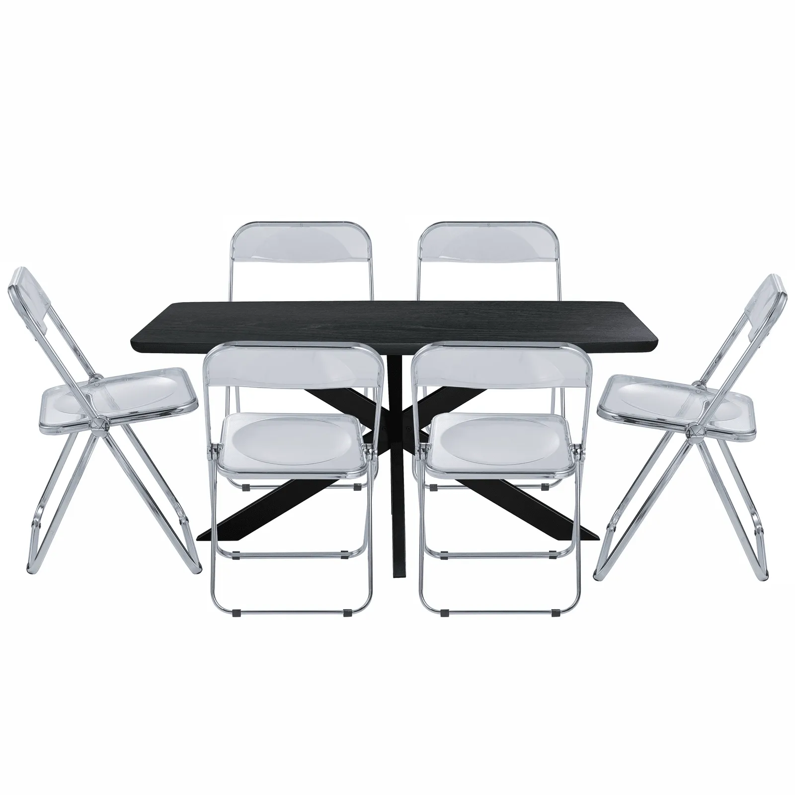Lawrence 7-Piece Dining Set: Folding Acrylic Chairs & Rectangular Wood Table with Geometric Base