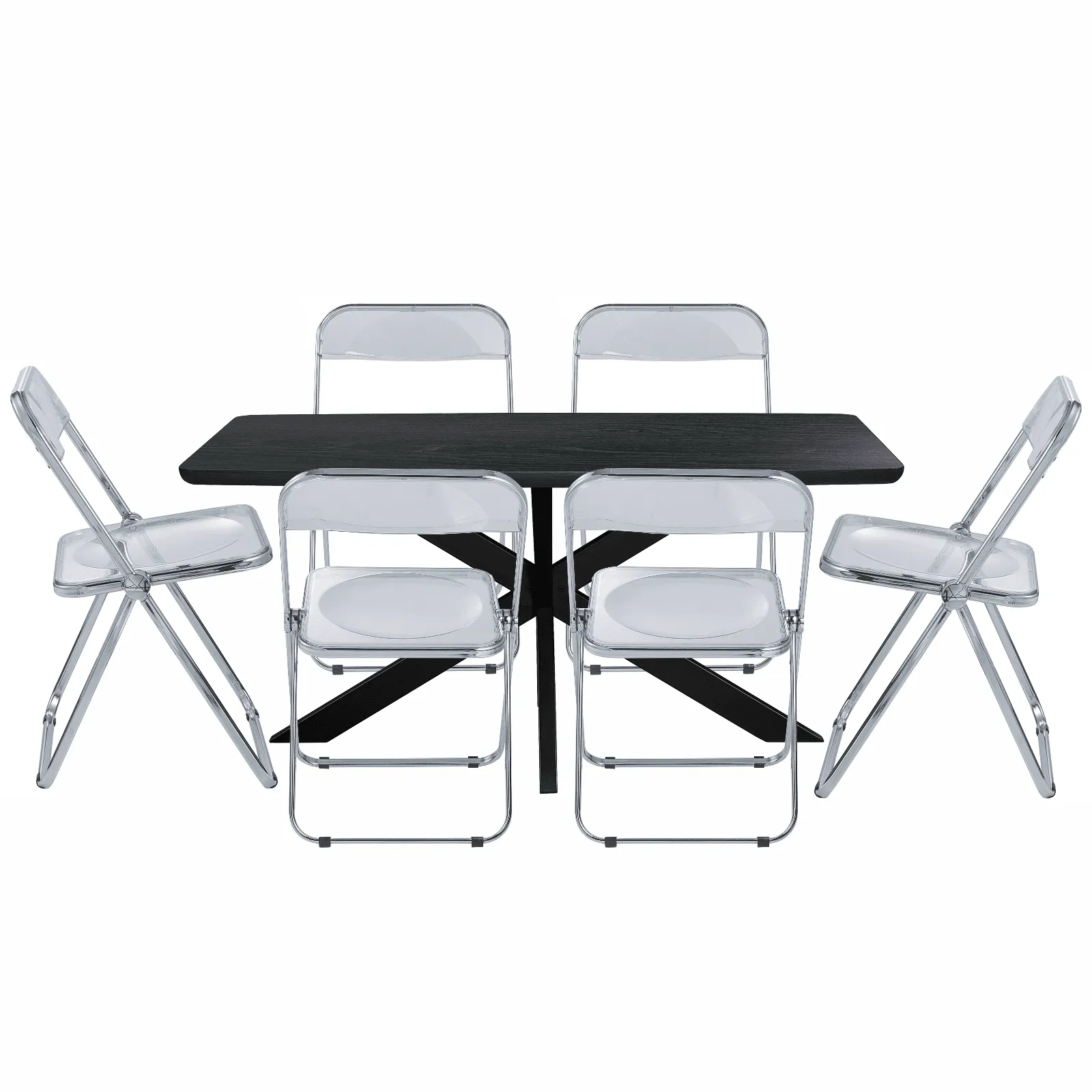 Lawrence 7-Piece Dining Set: Folding Acrylic Chairs & Rectangular Wood Table with Geometric Base