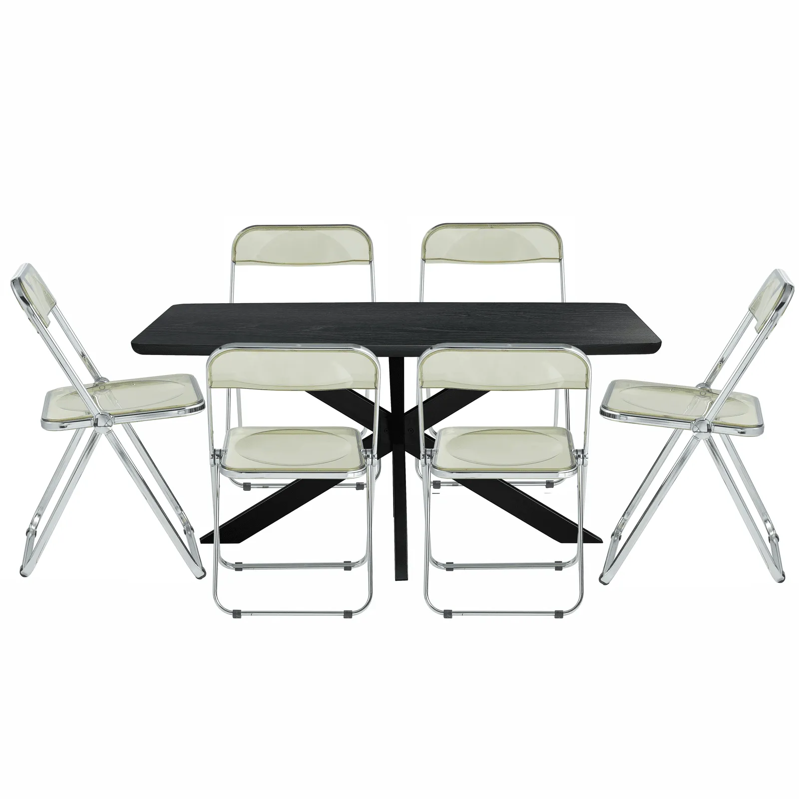 Lawrence 7-Piece Dining Set: Folding Acrylic Chairs & Rectangular Wood Table with Geometric Base