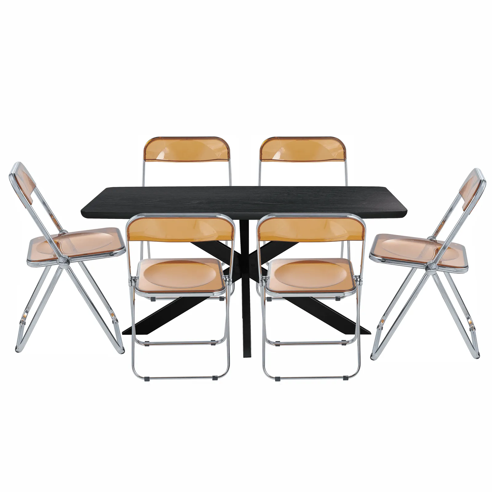Lawrence 7-Piece Dining Set: Folding Acrylic Chairs & Rectangular Wood Table with Geometric Base