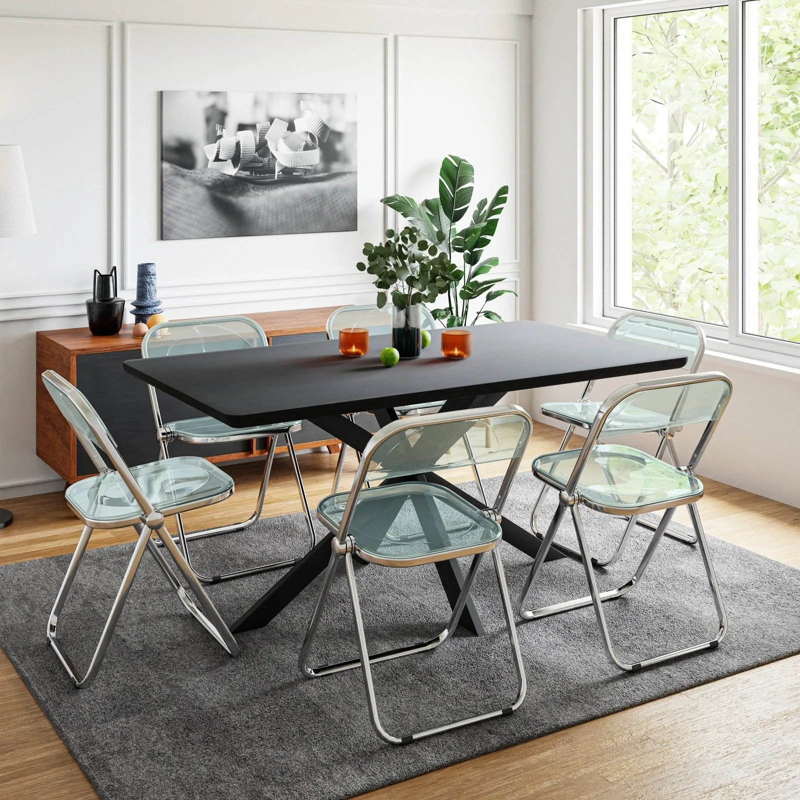 Lawrence 7-Piece Dining Set: Folding Acrylic Chairs & Rectangular Wood Table with Geometric Base