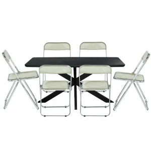 Lawrence 7-Piece Dining Set: Folding Acrylic Chairs & Rectangular Wood Table with Geometric Base