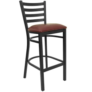 MKM841BS Black Ladder Back Metal Restaurant Barstool with Burgundy Vinyl Seat