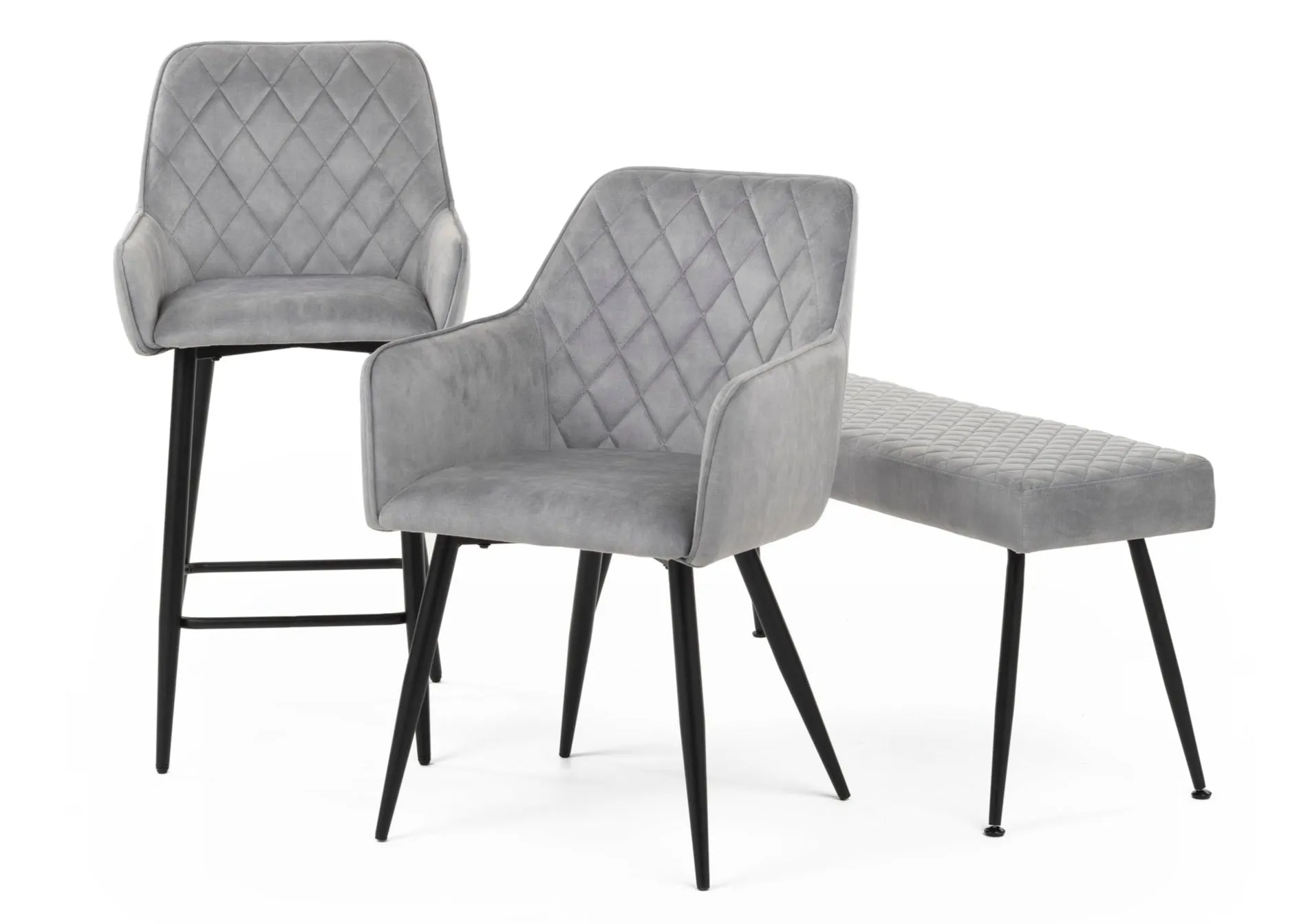 Modern Style Camden Light Grey Silver Velvet Dining Chairs Black Metal Leg