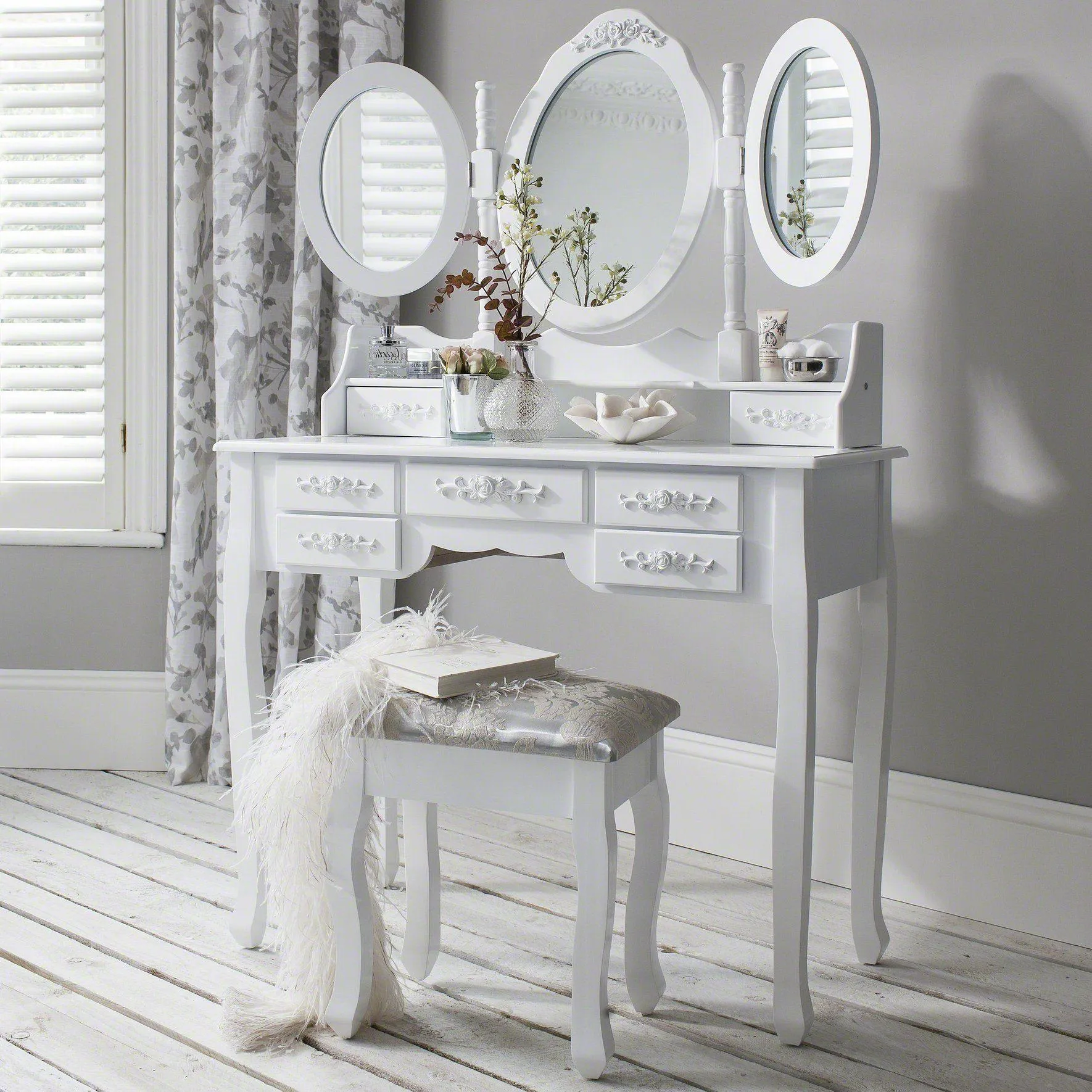 Monaco Dressing Table - Stool & Mirror Set - White Painted