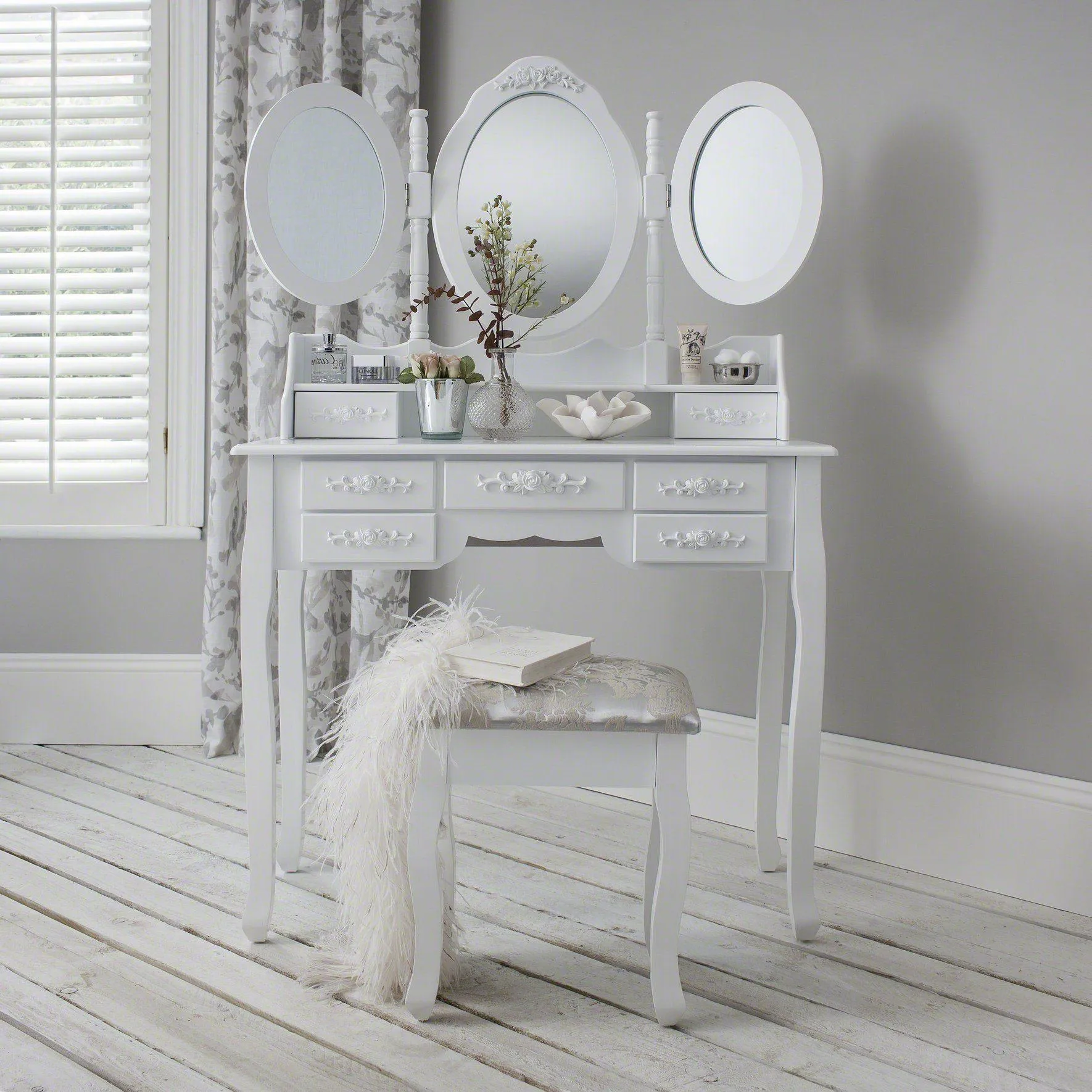 Monaco Dressing Table - Stool & Mirror Set - White Painted
