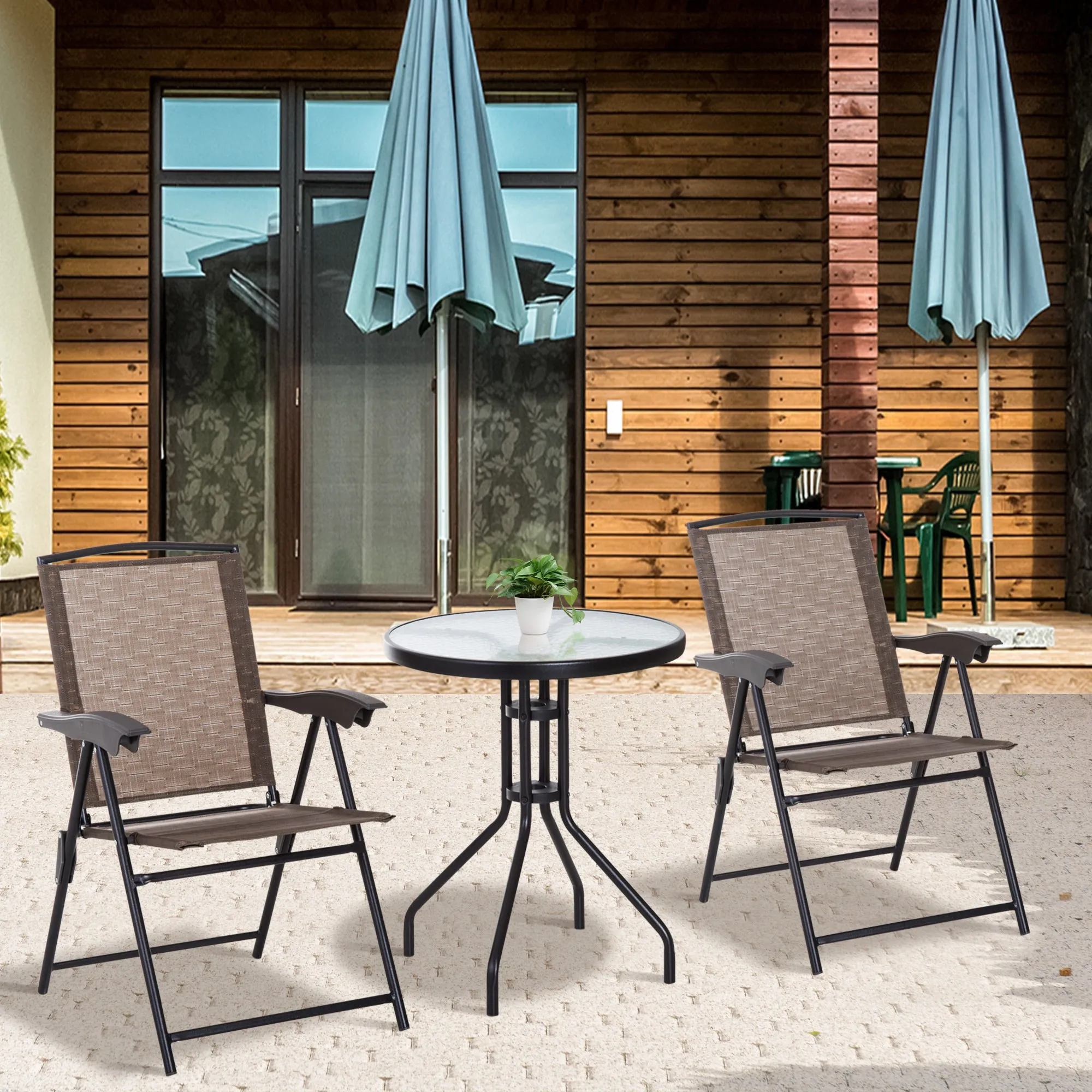 Outsunny Patio Bistro Set Folding Chairs Garden Coffee Table for Balcony Brown