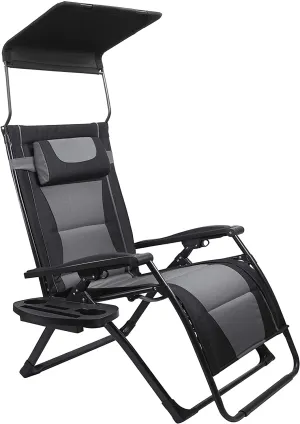 Oversize Recliner Folding Chair for Camping Patio Outdoors Zero Gravity Xxlarge Extra Wide Reclining Padded Seats with Sunshade and Cup Holder Tray [Heavy Duty]