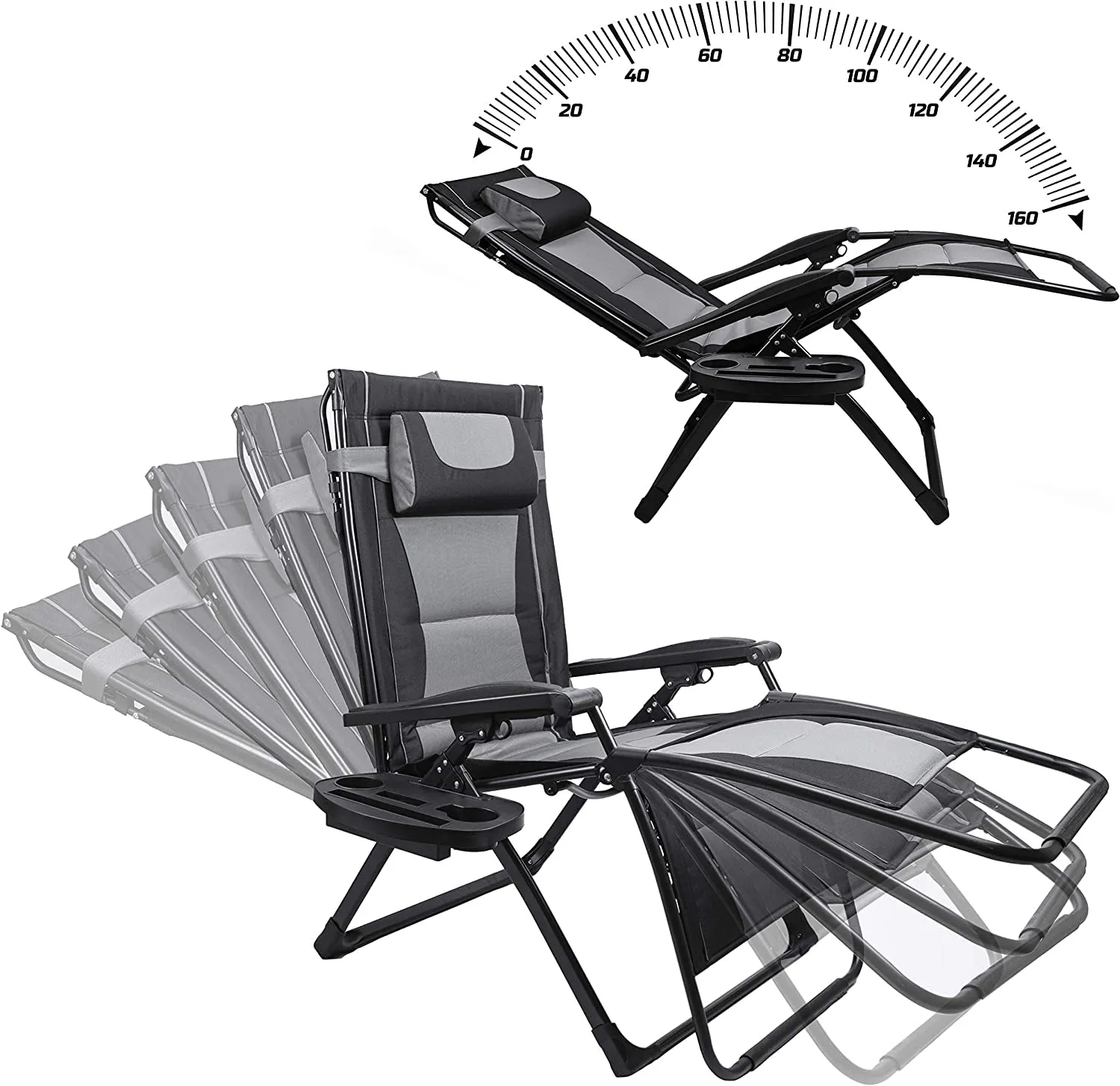 Oversize Recliner Folding Chair for Camping Patio Outdoors Zero Gravity Xxlarge Extra Wide Reclining Padded Seats with Sunshade and Cup Holder Tray [Heavy Duty]