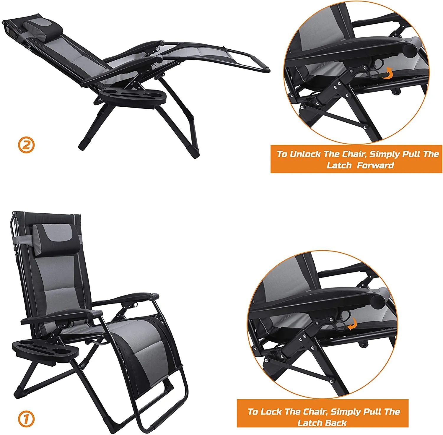 Oversize Recliner Folding Chair for Camping Patio Outdoors Zero Gravity Xxlarge Extra Wide Reclining Padded Seats with Sunshade and Cup Holder Tray [Heavy Duty]