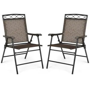 Set of 2 Patio Folding Chairs Sling Portable Dining Chair Set with Armrest