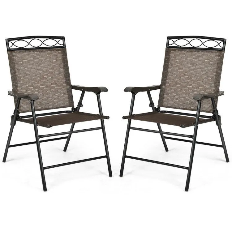 Set of 2 Patio Folding Chairs Sling Portable Dining Chair Set with Armrest