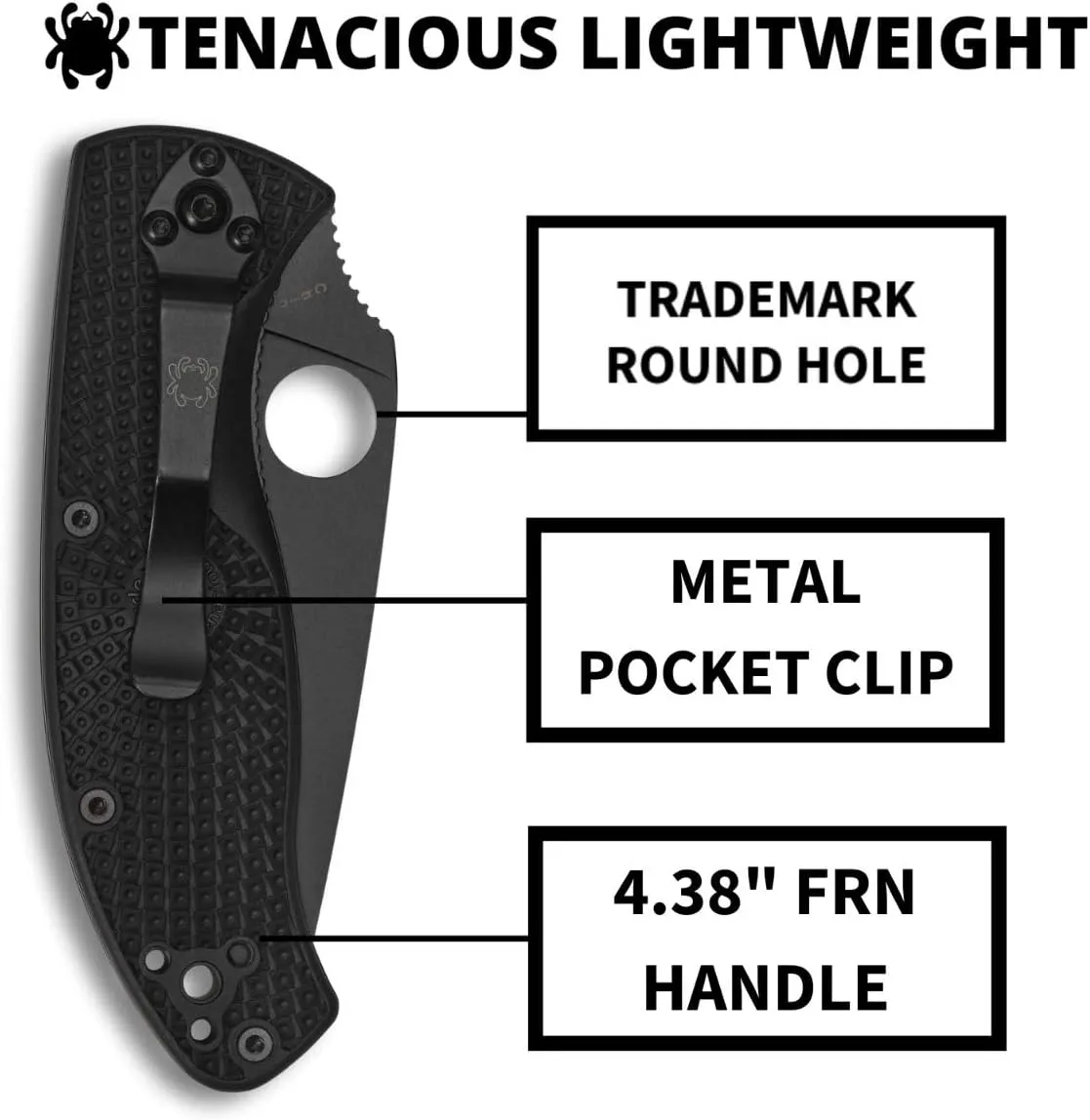Spyderco, Tenacious Lightweight Folding Utility Pocket Knife with 3.39" Black Stainless Steel Blade and Black FRN Handle - Everyday Carry - PlainEdge - C122PBBK