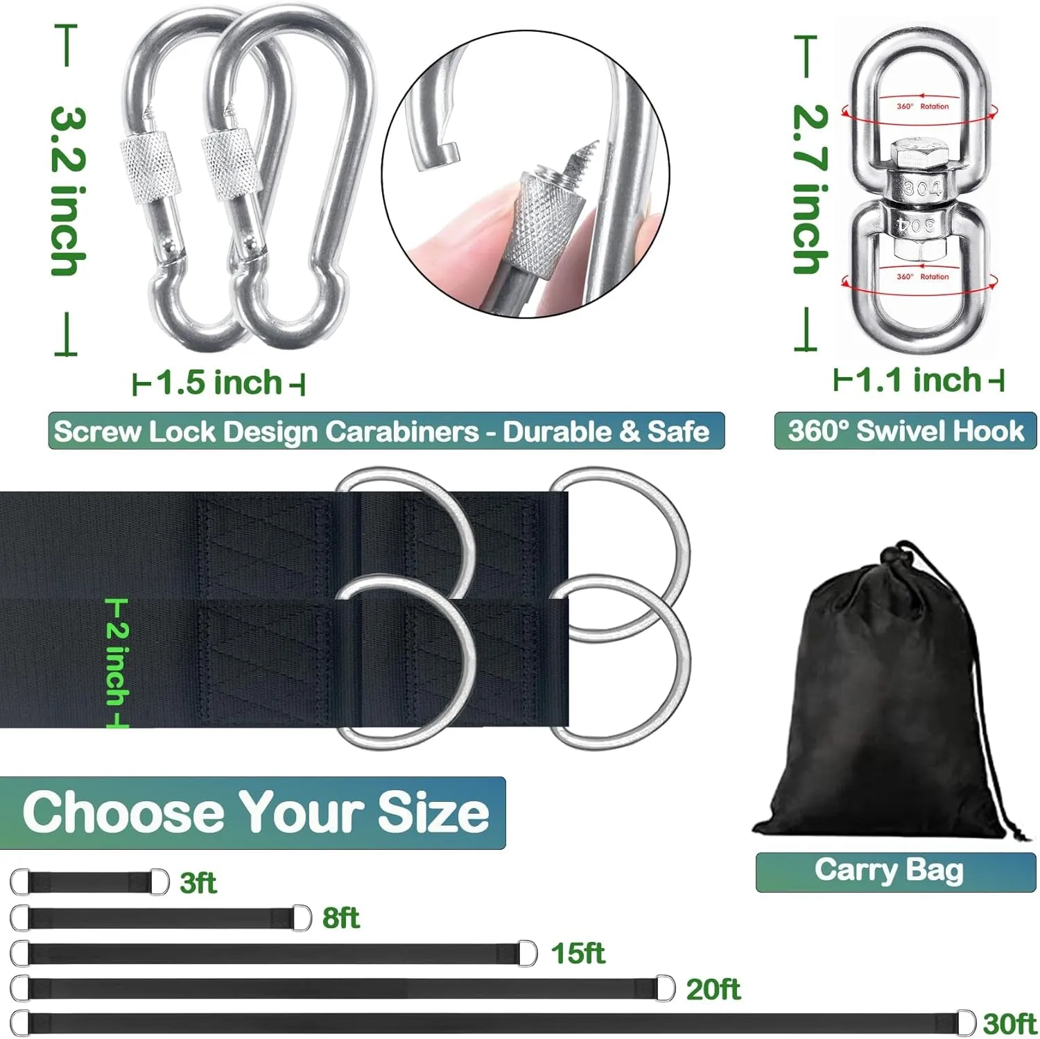 Tree Swing Straps Hanging Kit - 3FT/8FT/15FT/20FT/30FT, Strong & Durable - Holds up to 5000Lbs - Adjustable Tree Swing Straps Fit for All Swings, Hammocks, Safer & Easy Installation(3 FT)