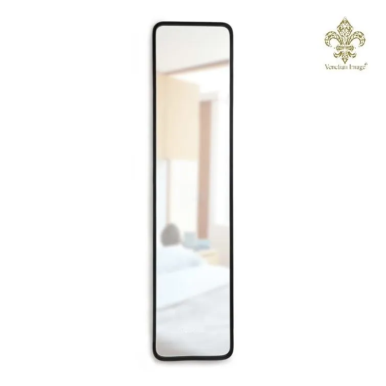 VENETIAN IMAGE Rectangular Engineered Wood Mirror for Elegant Foyer Decor Sleek Border with Curved Corners in Black Matt PU Paint | 62x14.5 Inches|