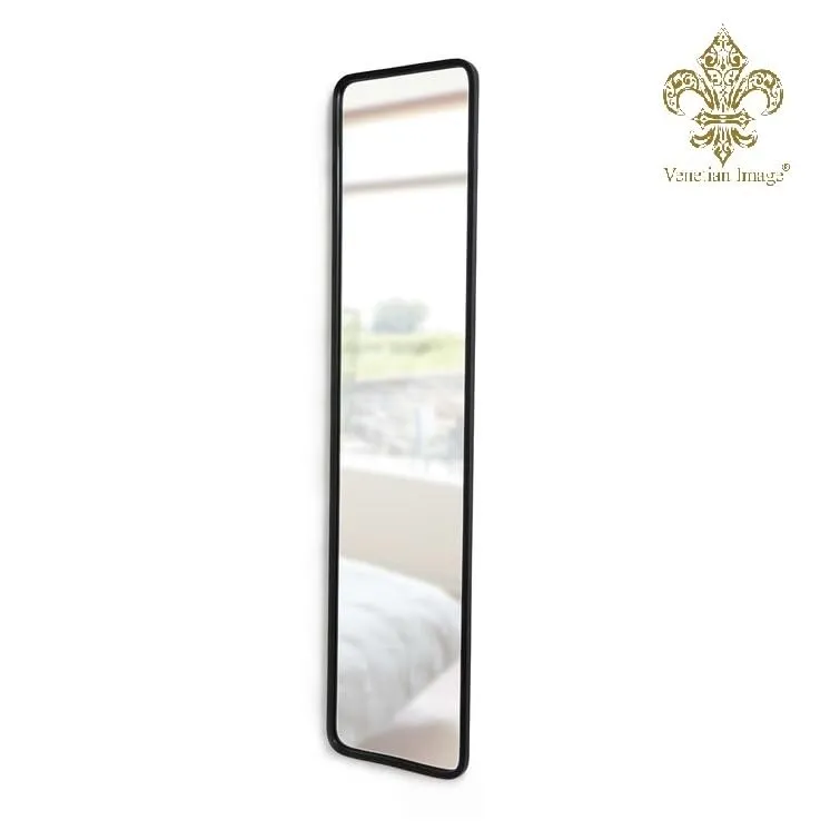 VENETIAN IMAGE Rectangular Engineered Wood Mirror for Elegant Foyer Decor Sleek Border with Curved Corners in Black Matt PU Paint | 62x14.5 Inches|
