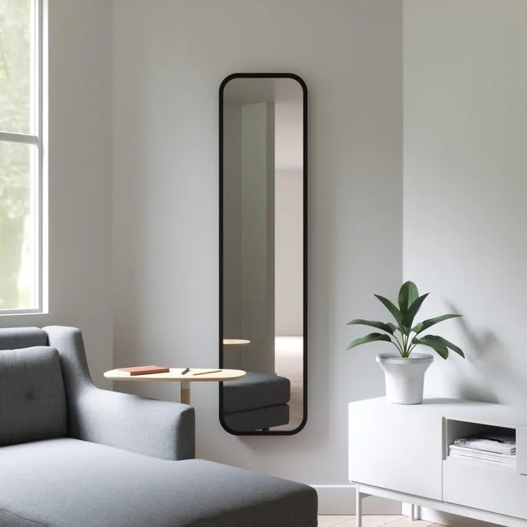 VENETIAN IMAGE Rectangular Engineered Wood Mirror for Elegant Foyer Decor Sleek Border with Curved Corners in Black Matt PU Paint | 62x14.5 Inches|