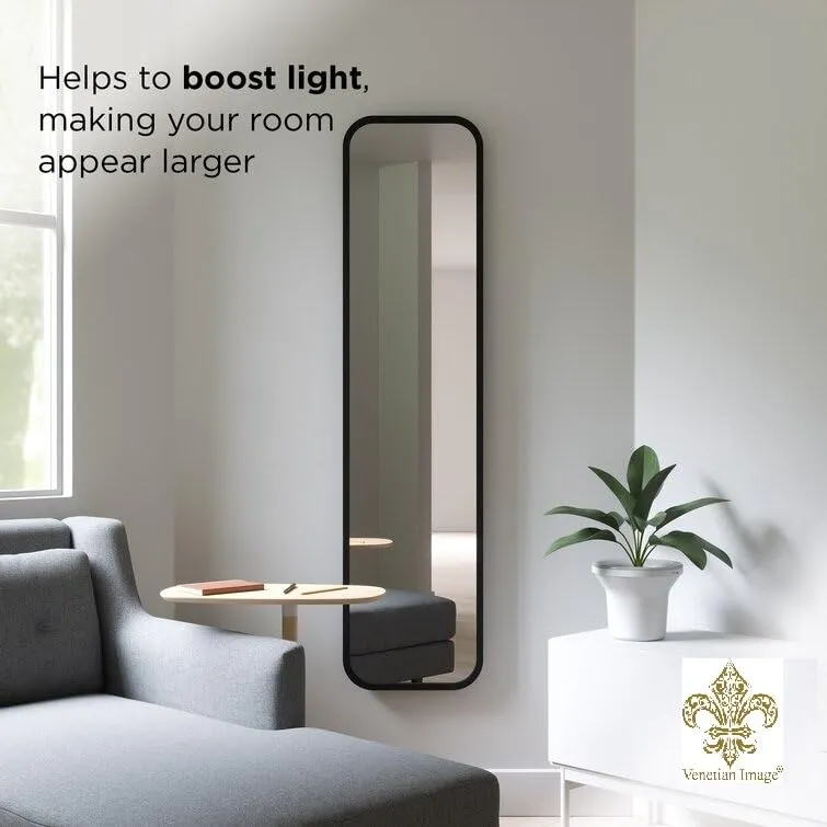 VENETIAN IMAGE Rectangular Engineered Wood Mirror for Elegant Foyer Decor Sleek Border with Curved Corners in Black Matt PU Paint | 62x14.5 Inches|